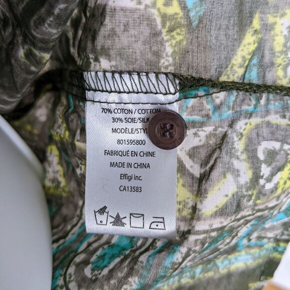 Ruffle cotton silk top abstract print green Large @K1 - Picture 5 of 13